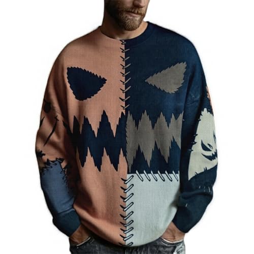 HJINGSUN Mens Halloween Sweatshirt Spooky Pumpkin Face Patchwork Sweater Cozy Stitched Print Pullover Holiday Costumes 2025, Black, X-Large
