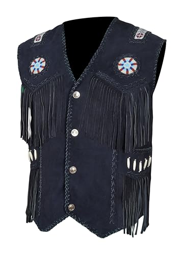 Image of Men's Western Cowhide Suede & Leather Vest - Beaded Fringe Yoke & Back Native-Inspired Cowboy Biker Vest