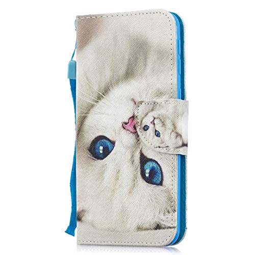 Samsung Galaxy A10 Case, 3D Painted Shockproof Premium PU Leather Flip Notebook Wallet Case with Magnetic Kickstand ID Card Holder TPU Bumper Protective Cover for Samsung Galaxy A10 White cat