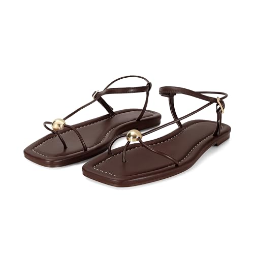Image of Strappy Flat Sandals for Women Comfortable Open Square Toe Slingback Sandals Dressy Beach Thong Flip Flop Slides Sandals