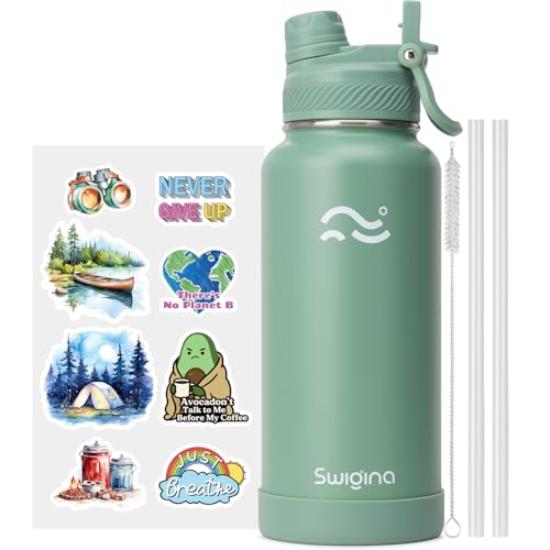 Image of Swigina [2-IN-1 LID] Insulated Water Bottle with Silicone Boot (36hrs Cold /18hrs Hot) - DIY Stickers, Leakproof, BPA Free, 32 oz