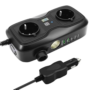 7 in 1 200W Omvormer 12V naar 220–230V, SZSSTH Spanningsomvormer Auto Stopcontact 2 USB-A/2 Type-C (5V 3A), Stroomomvormer met Sigaret Aansteker Stopcontact Power Inverter voor Mobiele Telefoons