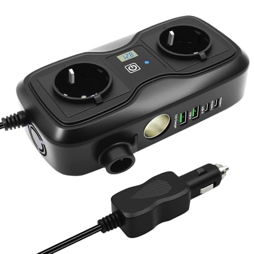 7 in 1 200W Wechselrichter 12V auf 220–230V, SZSSTH Spannungswandler Auto Steckdose 2 USB-A/2 Typ-C (5V 3A), Stromwandler mit Zigarettenanzünder Steckdose Power Inverter für Handys, Laptops, Campen