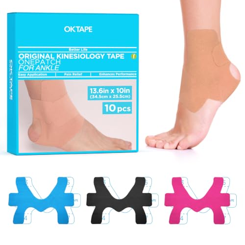 Image of OK TAPE Precut Kinesiology Ankle Tape for Women, Elastic Athletic Tape for Pain Relief, Ankle Sprain, Stability, Breathable Cotton, Daily Use - Beige, S Size, 10 Pcs