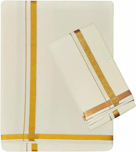 Image of PRAKASAM COTTON - Jari Border Cotton Blended Dhoti For mens & Matching Jari Border Towel (Angavastaram)