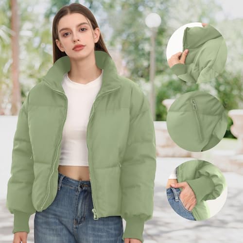 Women’s Winter Cropped Puffer Jacket Coat Casual Quilted Baggy Long Sleeve Zip Down Jackets Outerwear - Image 4