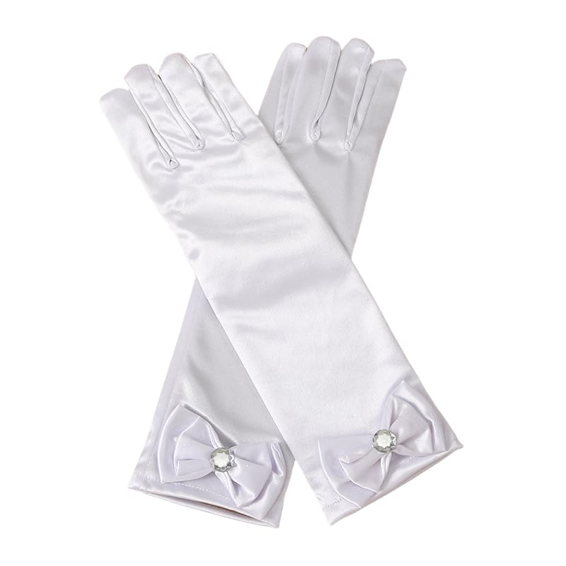 Girls Princess Gloves,Girl White Long Satin Princess Dress Up Diamonds Bows Gloves for Birthday,Wedding, Costume Party,White