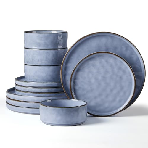 Herogo Set di stoviglie da 12 pezzi, in gres porcellanato, per 4 persone, piatti e ciotole in smalto reattivo, adatto al microonde e alla lavastoviglie, resistente a scheggiature e graffi, blu