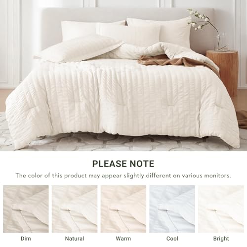 Image of MUXHOMO 7 Pieces King Comforter Set, Seersucker Bed in a Bag King Size, All Season Luxury Bedding Set with Comforter, Flat Sheet, Fitted Sheet, Pillowcases & Shams, Ivory