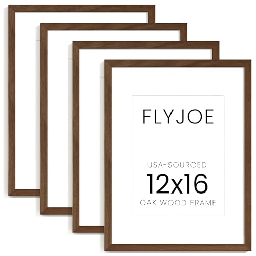 Image of FLYJOE 12x16 Oak Wood Picture Frame with Mat for 8.5x11, 12 by 16 USA-Sourced Natural Solid Wooden Photo Frame for Wall Display, Shatterproof Plexiglass, Hanging Hardware Included, 4 Pack, Walnut Color