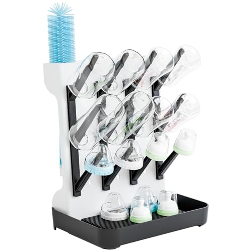 Image of SuoXing Baby Bottle Drying Rack Space Saving,Countertop Vertical Bottle Rack Dryer and Holder for Baby,Large Baby Bottle Station Organizer and Stand for Brushes,Pacifiers,Breast Pump,Dish,Black