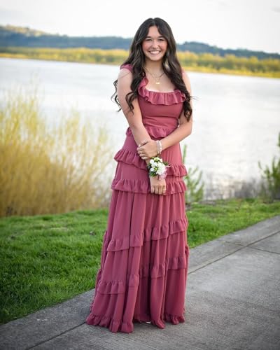 Women's Tiered Ruffles Chiffon Bridesmaid Dresses Long for Wedding with Slit Square Neck Formal Party Maxi Dresses4