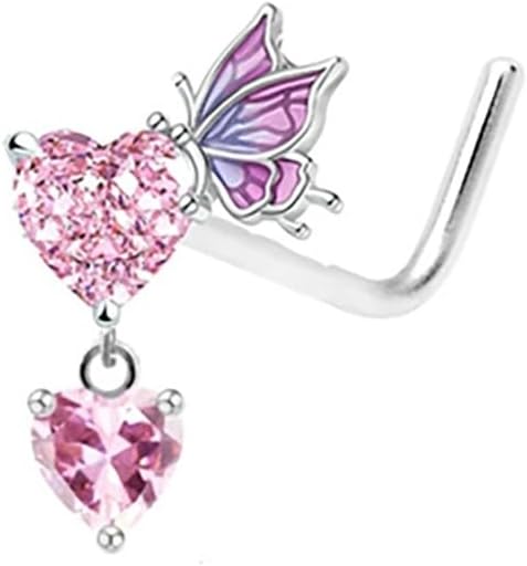 20G Pink CZ Heart Dangle Nose Rings for Women Cute 316L Surgical Steel L-Shaped Cubic Zirconia Crystal Love Heart Nose Studs Rings Nose Piercing Jewelry Gold Silver