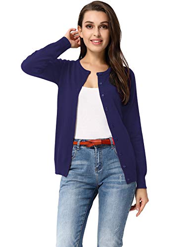 Women's Round Neck Button Down Soft Classic Knit Cardigan (S,Navy) #TOP5