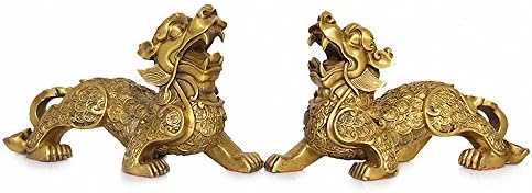 Large Size Feng Shui Set of Two Golden Brass Pi Yao/Pi Xiu Wealth Porsperity Figurine,Best Housewarming Congratulatory Gift Attract Wealth and Good Luck,Feng Shui Decor