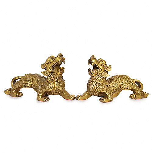 Large Size Feng Shui Set Of Two Golden Brass Pi Yao/Pi Xiu Wealth Porsperity Figurine,Best Housewarming Congratulatory Gift Attract Wealth And Good Luck,Feng Shui Decor,(6.5" Lx2.7 Wx4.6 H Each) #TOP16
