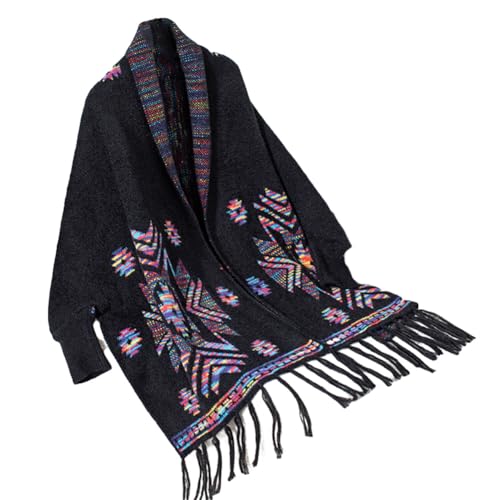 Women's Fashion Knitted Shawl Wraps Open Front Fringe Sweater Coat Ethnic Poncho Cape with Sleeves Cloak Scarf