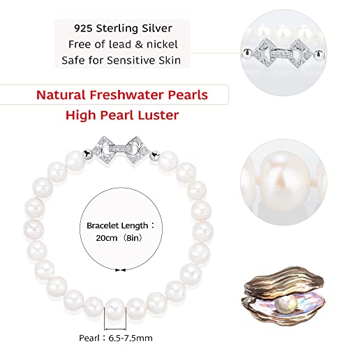 Pearlsays Natural Pearl Bracelets For Women 925 Sterling Silver Vintage Clasp Handpicked Real White Cultured Freshwater Round 7Mm Pearl Strand Bracelet Handmade Birthstone June Charm Gifts 8In #TOP5