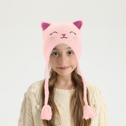 Toddler Girls Cat Ear Winter Hat Warm Knit Beanie Kids Earflap Cap for Cold Weather2