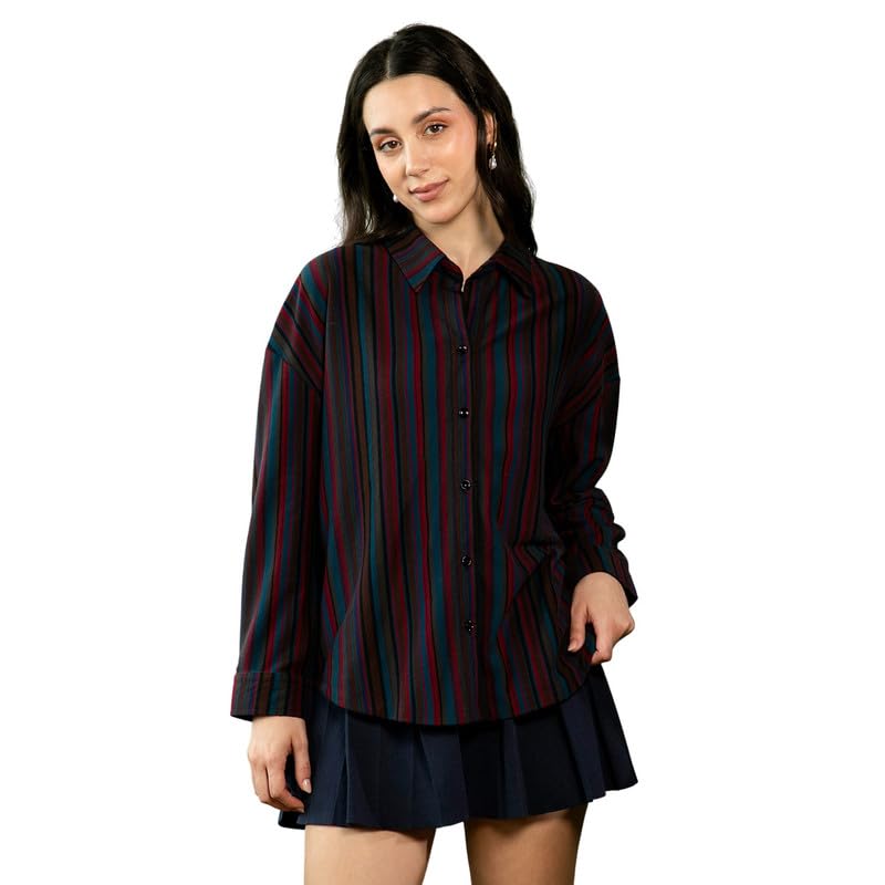 pinacolada Women's Shirt | Spread Collar, Long Button-Cuff Sleeves, Button Closure | Stripes Pique Knitted Shirt for Casual | Crimson Red & Midnight Blue-picture-12