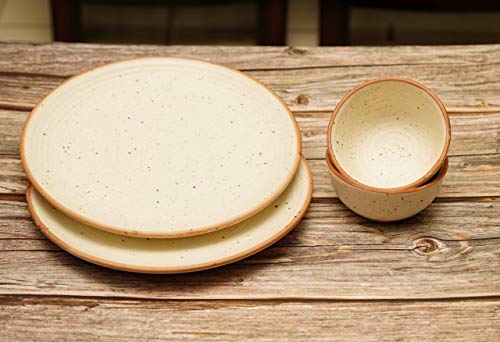 Image of Freakway Handcrafted Ceramic Stoneware Cream White Geometric Dinner Plates 10 Inches with Serving Bowl Set of 4 Pieces | 2 Dinner Plates with 2 Bowls | Dishwasher & Microwave Safe - Off White