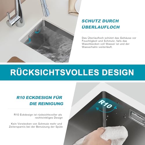 KEOKBON Klein Spüle Nano Silber 25 x 40cm Spülbecken, Kleine Waschbecken Küche ohne Hahnloch, 1 Becken Edelstahl Spüle mit Edelstahl 304 Siebventil und Überlauf, Kitchen Sink