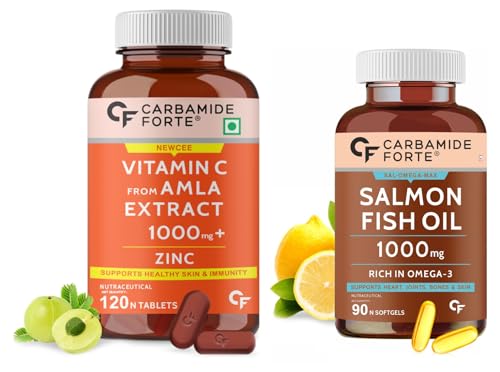 Image of Carbamide Forte Salmon Fish Oil Omega 3 Capsule 1000 mg - Pack of 90 Softgel Capsules & Carbamide Forte Natural Vitamin C Amla Extract With Zinc For Immunity & Skincare - 120 Veg Tablets
