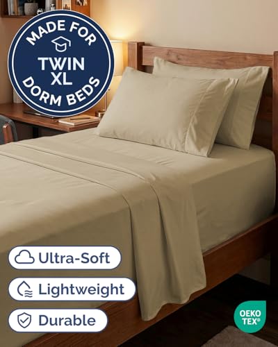 Image of Extra Deep Twin XL Sheet Set - 4 Piece Breathable & Cooling Sheets - Beige | Hotel Luxury Bed Sheets Set, Easy & Secure Fit, Ultra-Soft, Wrinkle & Fade Free, Comfy Sheets Set with Extra Deep Pockets