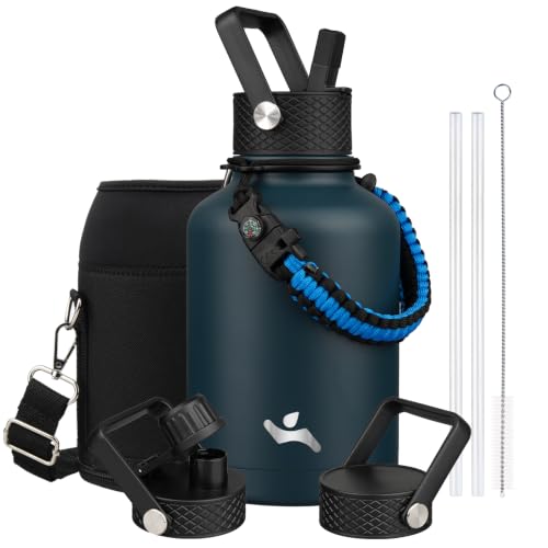 Image of Konokyo Insulated Water Bottle with Straw,50 oz 3 Lids Water Jug with Carrying Bag,Paracord Handle,Double Wall Vacuum Stainless Steel Metal Flask,Navy Blue