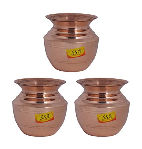 SHIV SHAKTI ARTS Handmade Pure Copper Kumbha Kalash/Lota Rounded & Curved Design Volume=700 ML for Diwali, Pooja, Festival-Home Decoration::Set of 3