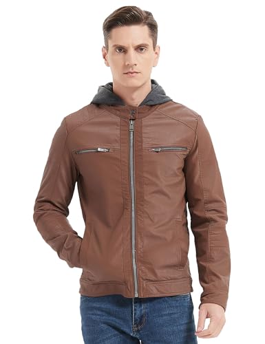RISISSIDA Men's Faux Leather Bomber Jacket for Fall Winter and Spring, Warm Double Zipper Up Coat with Detachable Hood2
