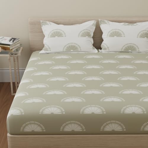 Image of Huesland by Ahmedabad Cotton 144 TC Cotton Bedsheet for Double Bed King Size Elastic with 2 Pillow Covers | Sunrise | Basil Green & White