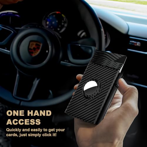 Image of Mens Pop Up Wallet for AirTag: Premium Genuine Leather, RFID Blocking, Smart, Minimalist, 9-14 Card Capacity, ID Window, Cash Slot (Carbon Fiber 2)