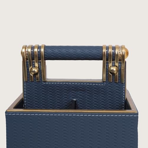 Image of HOME 360 Woven Pattern Leather Spoon Stand | Cutlery Stand with 4 Divider 18X16X13 CM | Use for Dining table| Organize Spoons | Forks | Cutlery | Home Decor | Spoons Holder | Cutlery Holder | Blue