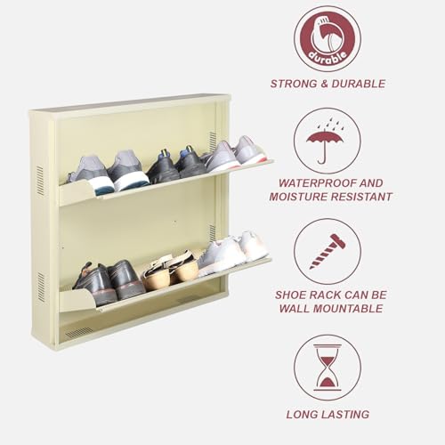 Image of Metal Shoe Rack Wall Mounted for Home with Central Locking | 2 Door 28 inch Wall Mounted Metal 6 Pair Shoe Rack Cabinet | Pre-Assembled Rack Shelves | 3 Year Warranty (Ivory)