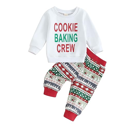 Image of Madjtlqy Toddler Baby Boy Christmas Outfits Letter Print Long Sleeve Sweatshirt + Elastic Pants Baby Christmas Clothes (AB, 0-6 Months)