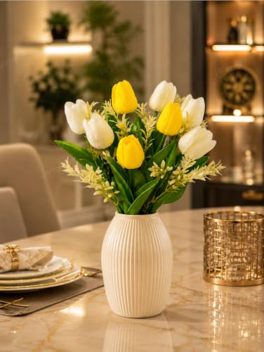 Image of Divyakosh Artificial Flowers Bunch (Vase Not Included). Artificial Flower for Vase Flower Bouquet Gift, 8 Artificial Tulips (5 Ivory White & 3 Soft Yellow), Home Decor for Living Room