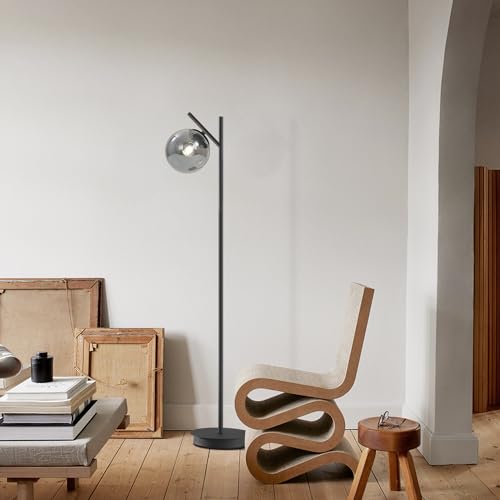 Image of Mid Century Floor Lamp for Living Room Moderm Tall Standing Lamp with Frosted Glass Globe Shades Contemporary Brass Freestanding Lamp for Office Bedroom (Black-Smoky Gray)