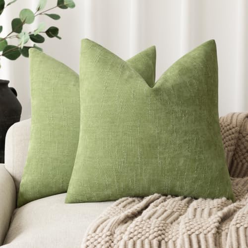 Image of Foindtower Pack of 2 Soft Textured Chenille Throw Decorative Pillow Covers Square Accent Solid Cushion Cover Neutral Farmhouse Pillow Case for Couch Sofa Bedroom Living Room 20x20 Inch,Lush Green