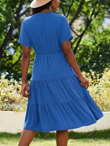 Image of PerZeal Women's Casual Tiered Midi Dress with Pockets - V Neck Short Sleeve Elastic Waist Ruffle Summer Dress for Daily Wear