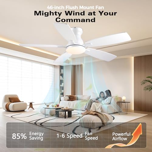Image of JSAITEE 46in Ceiling Fans with Lights - Flush Mount Low Profile Ceiling Fan with DC Motor, 6 Speeds 3CCT Dimmable, Modern Indoor Fan Light Fixtures for Bedroom, Kitchen, White
