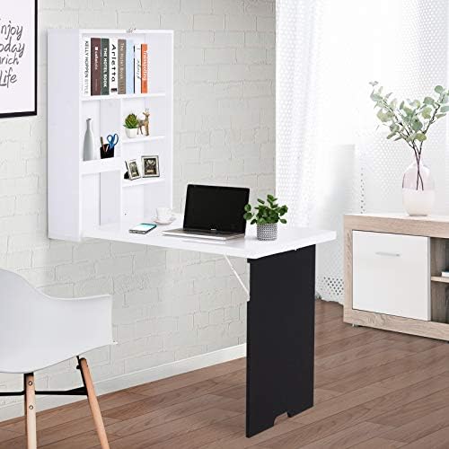 HOMCOM Folding Wall-Mounted Drop-Leaf Table With Chalkboard Shelf multifunction White