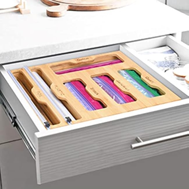 Bamboo Ziplock Bag Organizer - Foil and Plastic Wrap organizer with cutter - Holds up to 12¡± rolls - Baggie Organizer for Gallon, Quart, Sandwich, Snack Bags - Kitchen Organization - Drawer organizer