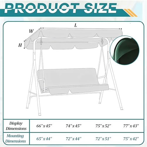 Timoau Porch Swing Canopy, Replacement Waterproof Swing Top Cover, 3 Seater Garden Swing Seat Canopy Cover，Durable Outdoor Sun Shade Patio Swing Canopy Awning Green3 - Thumbnail 2