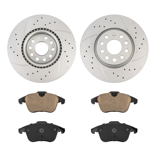 Image of KAX Front Brake Kit Fits Volkswagen Passat 2012-2021, Tiguan 2009-2017 | Drilled and Slotted Brake Rotors, Ceramic Brake Pads for Audi Q3 Quattro /Audi Q3 2015-2018, Tiguan Limited 2018