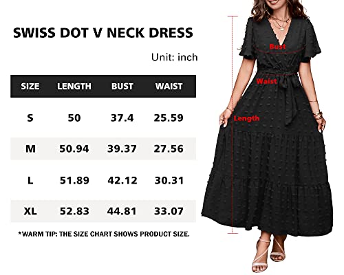 Mascomoda Dresses For Women 2023 Short Flutter Sleeve Tiered Maxi Dress Swiss Dot Solid V Neck Wedding Guest Dress With Belt(Black, X-Large) #TOP5