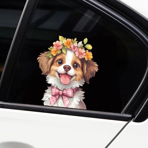 Image of Cute Animal Dog Car Sticker Waterproof PVC Double-Sided Printed Puppy Car Decal Funny Dog Peeking Decal for Car Window Bumper Truck Wall Laptop Car Decor (Flower Dog)