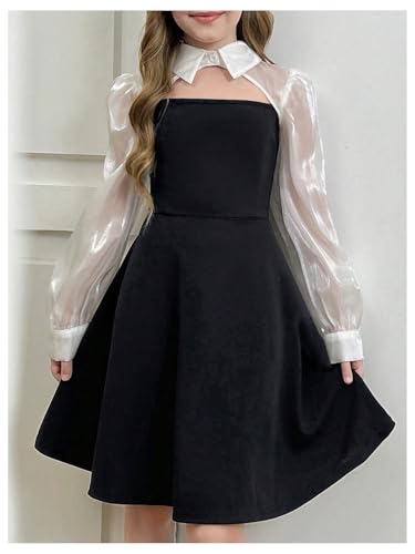 GORGLITTER Girl's Long Sleeve Dress Fall Cute Boho Color Block Cut Out Collared Skater Mini Dresses with Metallic Shrug4