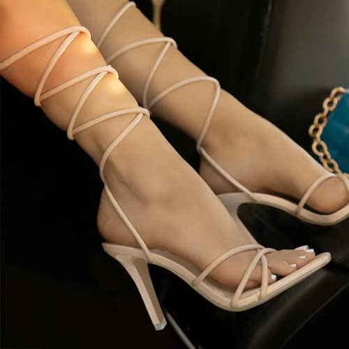 ZBYY Lace Up Heels Sandals for Women,Summer Square Toe Open Toe Strappy Heels Stiletto Heeled Sandals Party Dress Shoes3