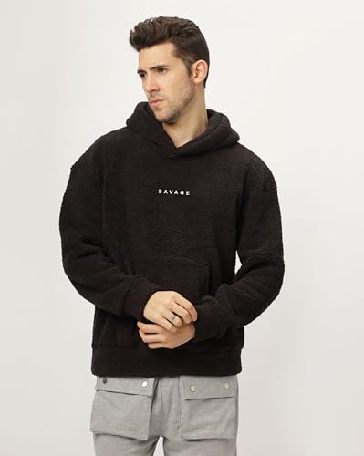 Image of BE SAVAGE Sherpa Fabric Long Sleeves with Pocket Hooded Neck Baggy Woolen Savage Print Hoodie's for Men's